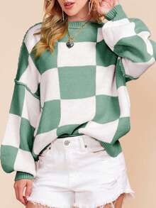 Áo len tay phồng kẻ caro xanh lá cây thanh lịch, áo dài tay kiểu dáng thường ngày - màu xanh lá - Xem 6