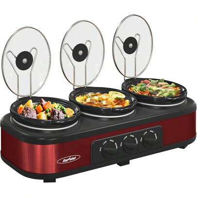 Sunvivi Triple Slow Cooker Buffet Servers And Warmer,3 Pot Food Small Mini Manual Slow Cooker With Adjustable Temp Stainless Steel Lid Rests,Removable Ceramic Pot,4.5 QT Red