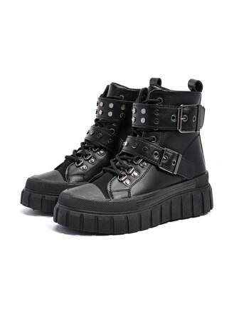 Fall/Winter 2025 Black Solid Color Lace-Up Platform Thick Sole Rivet Metal Decor Belt Buckle High-Top Women Casual Versatile Fashion Outdoor Ankle Boots, Suitable For All Seasons