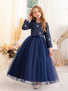 Vestido de fiesta de Navidad con mangas largas y lentejuelas azul real para niña preadolescente, vestido de fiesta elegante, vestido de princesa adecuado como regalo de cumpleaños, para fiesta, banquete, baile de graduación, niña de las flores, dama de honor, celebración festiva - azul real - Ver 5