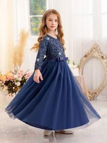 Vestido de fiesta de Navidad con mangas largas y lentejuelas azul real para niña preadolescente, vestido de fiesta elegante, vestido de princesa adecuado como regalo de cumpleaños, para fiesta, banquete, baile de graduación, niña de las flores, dama de honor, celebración festiva - azul real - Ver 6