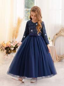 Vestido de fiesta de Navidad con mangas largas y lentejuelas azul real para niña preadolescente, vestido de fiesta elegante, vestido de princesa adecuado como regalo de cumpleaños, para fiesta, banquete, baile de graduación, niña de las flores, dama de honor, celebración festiva - azul real - Ver 4