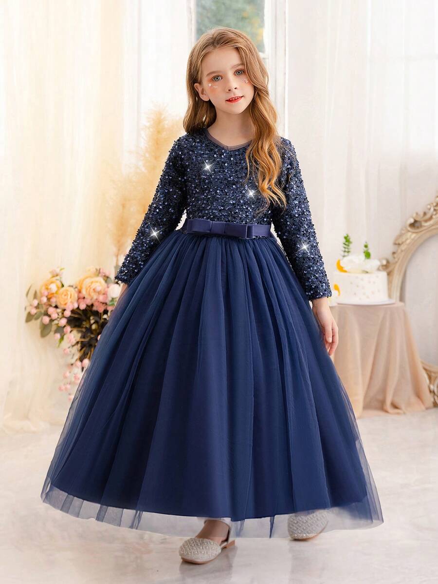 Vestido de fiesta de Navidad con mangas largas y lentejuelas azul real para niña preadolescente, vestido de fiesta elegante, vestido de princesa adecuado como regalo de cumpleaños, para fiesta, banquete, baile de graduación, niña de las flores, dama de honor, celebración festiva - azul real - Ver 1