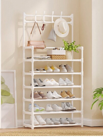 1pc Multifunctional Metal Entryway Shoe Rack With 4/5 Tiers Shoe Storage Shelves And Coat Hooks - Organize Your Entryway And Keep Your Clothes And Shoes Tidy
