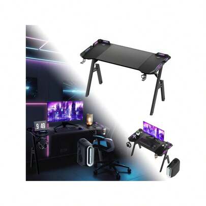 LILIIN 120/ 140/ 160 x 60cm Gaming Tisch Gamer Schreibtisch A-förmiger Computertisch mit RGB LED-Licht, Kohlefaseroberfläche Ergonomischer Eckschreibtisch mit Getränkehalter und Kopfhörerhaken