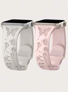 2条装花卉雕刻表带，兼容表带49mm、45mm、44mm、42mm、41mm、40mm、38mm，防水花朵蝴蝶运动硅胶腕带替换表带，兼容 Series 11、10、9、8、7、6、5、4、3、2、1、SE、Ultra，女士款 - 星光白和粉紅色 - 查看 12