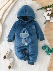 男婴羊毛冬季连体衣，带恐龙刺绣连帽设计，温暖舒适 - 藏蓝色 - 查看 7