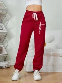 Ladies Casual Sports Autumn And Winter Warm And Fleece Sweatpants Letter Printed Fashion All-Match Fleece Sweatpants - Burgundy - View 4