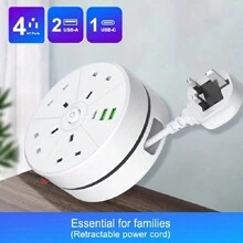 New Multifunctional Power Board/Power Socket/Strip Plug, Equipped With 4 Power Sockets, Paired With (2 USB-A) (1 TYPE-C), 2-Meter Power Cord/Automatic Short Circuit Protection Function/Suitable For Home, Office, Kitchen, Garage, Outdoor Use. - UK Plug(220-240V) - View 2