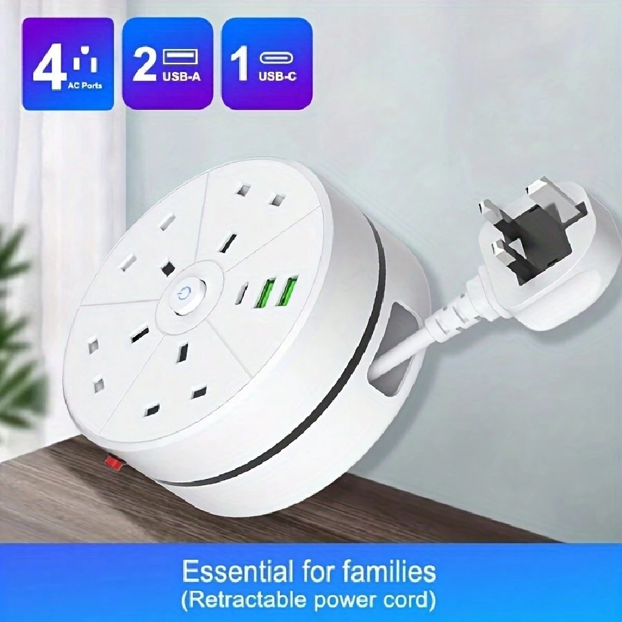 New Multifunctional Power Board/Power Socket/Strip Plug, Equipped With 4 Power Sockets, Paired With (2 USB-A) (1 TYPE-C), 2-Meter Power Cord/Automatic Short Circuit Protection Function/Suitable For Home, Office, Kitchen, Garage, Outdoor Use.