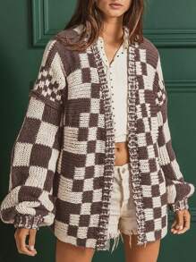 棕色混纺格纹针织开衫 - 棕色 - 查看 2