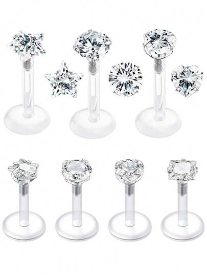 CIZME 1 Set Of 8pcs Classic Clear UV Plastic Barbell, 16G Lip Rings & Cartilage Earrings, Round, Square, Heart, Pentagram, Cube Shape, Transparent Lip Studs & Ear Cartilage Piercing For Women & Men, Daily Wear, 6mm, 8mm, 10mm Length