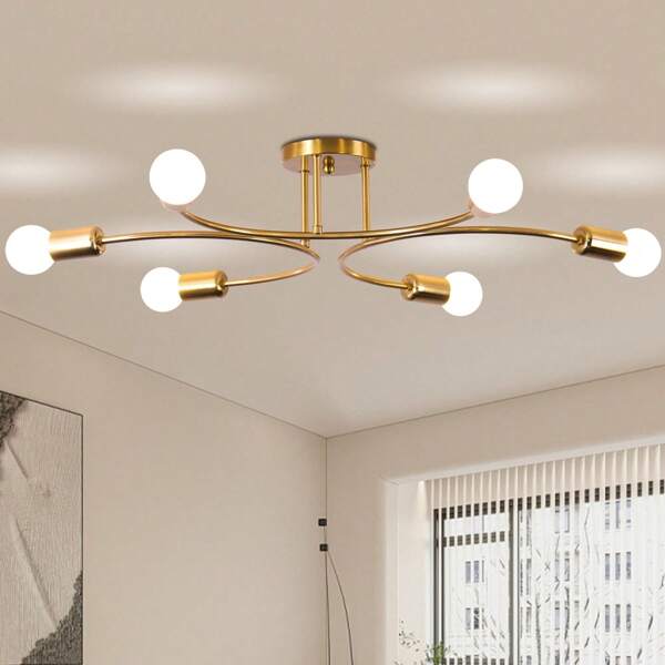 Chandelier Ceiling Light Fixture, 27.6in Modern Sputnik Chandeliers 6-Lights Semi Flush Mount Light Fixtures Ceiling Mount For Bedroom Living Room Dining Room Kitchen (E26)