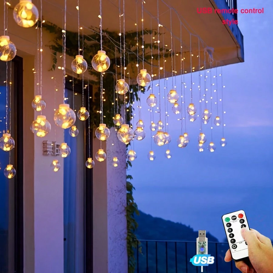 LED Wishing Ball String Light Battery-Powered (No Battery)/USB Powered 118.11 Inch 12 Wishing Balls Hanging Down, Wall-Mounted Decorative String Light, Suitable For Christmas, Valentine's Day, Family Gatherings, Bedrooms, Parties, Indoor Holiday Decoration - màu ấm - Xem 1