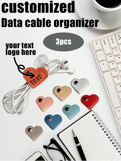 (Custom) 3pcs Set Customized Text Heart-Shaped Earphone Storage Holder, Earphone Cable Clips, Earphone Stand, Earphone Cable Organizer, Earphone Winding Holder, Leather Cable Management, Electronic Earphone USB Storage Band