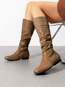 女式黑色及膝抽拉式秋季天氣靴，優雅時尚經典鬆散靴款 - 彩色 - 查看 2