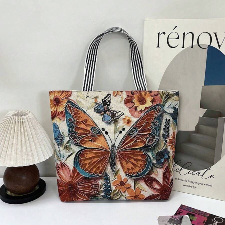 Women  Style Tote Bag Embroidery Shoulder Bag Ladies Cotton Linen Shopping Handbag - B - View 1