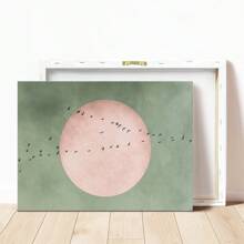 1PC, Canvas Hanging Poster, Solid Wood 30*40 Framed Painting, Light Blue Japandi Canvas Wall Art Print, Flying Bird Frame Art, Minimalist Landscape Artwork, Large Living Room Decor, Pink Moon Decor