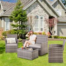Four -Piece Courtyard Set, With Cushions And Coffee Tables, Outdoor Leisure Dialogue Sofa Combinations, Suitable For Gardens, Terraces, Etc., Home Or Commercial Places - 灰色 - 查看 4