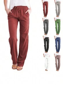 Women's Loose Trousers Casual Solid Color Wide-Leg Trousers Drawstring Design Fashion Pants - 酒紅色 - 查看 3