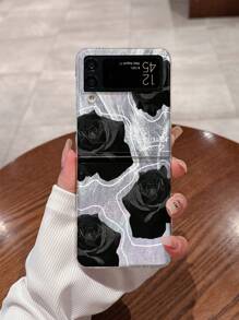 Acrylic Folding Black Rose Design Cell Phone Protective Case Compatible With Galaxy Z Flip3 4 5 6 Waterproof Shockproof Anti-Fall Scratch Resistant - Multicolor - View 1