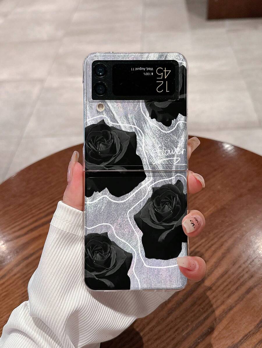 Acrylic Folding Black Rose Design Cell Phone Protective Case Compatible With Galaxy Z Flip3 4 5 6 Waterproof Shockproof Anti-Fall Scratch Resistant - Multicolor - View 1