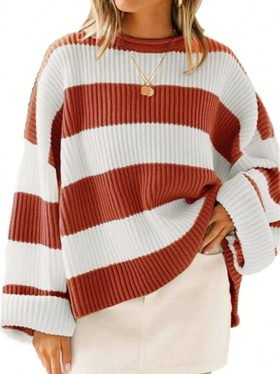 Women's Casual Loose Fit Drop Shoulder Striped Pattern Sweater - Orange - View 1