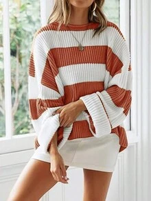 Women's Casual Loose Fit Drop Shoulder Striped Pattern Sweater - Orange - View 4