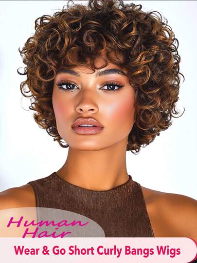 Human Hair Short Deep Curly Bob Wigs With Bangs 6 Inch Brazilian Afro Curly Human Hair Wigs Glueless Machine Made Short Pixie Cut Wigs For Women Highlight Brown Color