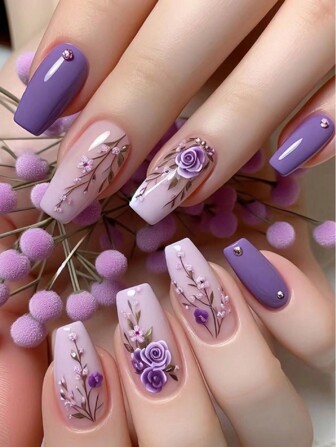 A Box Of 24 Medium Square Nails, Purple And Light Purple Gradient With Romantic Rose Floral Design, Press-On Nail Set With Nail File And Jelly Glue, Suitable For All Women, Showcasing An Elegant And Romantic Style For Weddings, Parties, And Daily Occasions, Enhancing The Charm Of Your Fingertips. Nail Supplies Nails