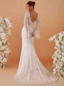 EVERPRETTY 荷葉袖及地蕾絲婚紗連衣裙