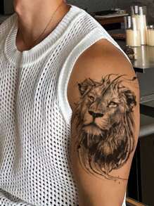 1 pieza Tatuaje temporal de león genial, calcomanía de tatuaje de león feroz para el brazo, la pierna, el pecho, tatuaje falso resistente al agua y vívido adecuado para hombres y mujeres - Negro - Ver 4