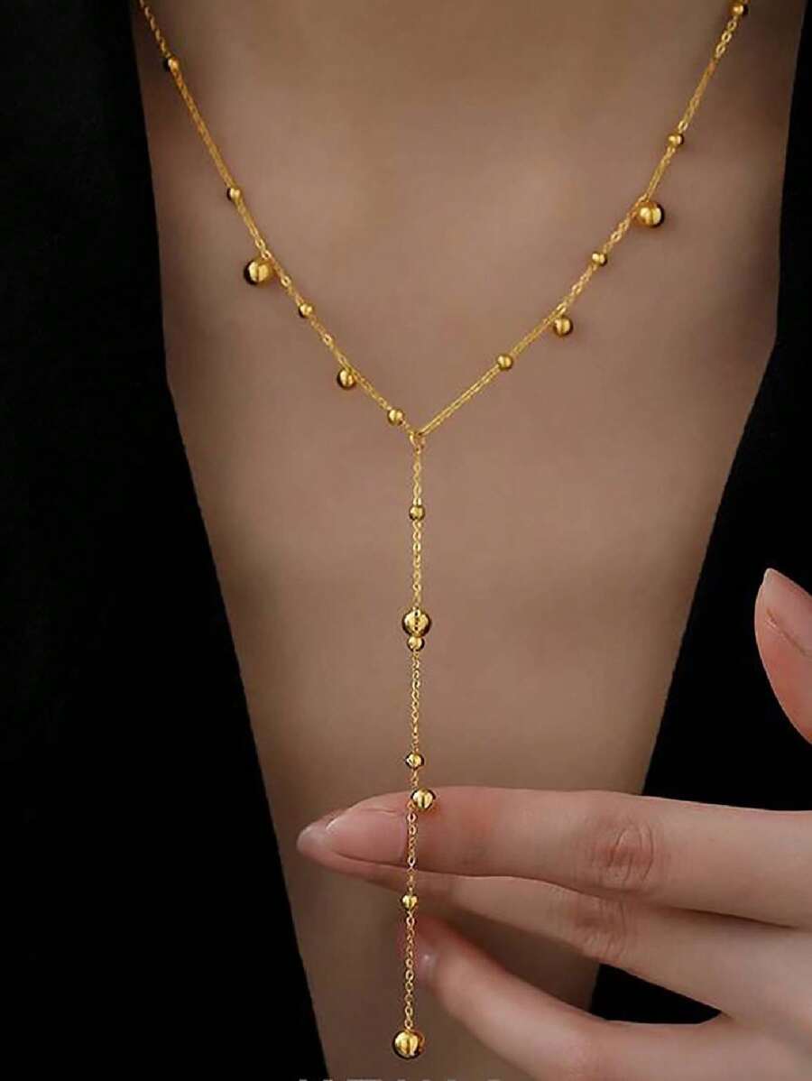 1 件不锈钢 18K 镀金长流苏串珠链项链，女士不锈钢圆珠流苏吊坠项链礼物 - 金色 - 查看 1