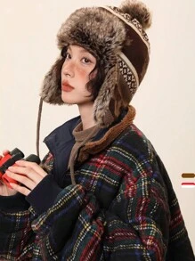 1 件冬季新款保暖内衬护耳帽，枫叶复古提花针织毛绒帽，户外骑行滑雪防风防寒毛绒帽