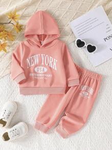 2pcs Baby Girls Fashion Casual Matching Hoodie Sweatshirt And Printed Letter Pants Set, Spring Summer - Pink - View 1