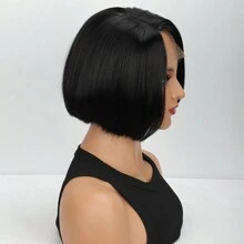 畅销女士合成纤维假发，侧分波波头短直发，时尚黑色高温丝全头带前蕾丝假发 - 黑色 - 查看 5