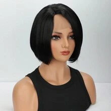 畅销女士合成纤维假发，侧分波波头短直发，时尚黑色高温丝全头带前蕾丝假发 - 黑色 - 查看 7
