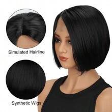 畅销女士合成纤维假发，侧分波波头短直发，时尚黑色高温丝全头带前蕾丝假发 - 黑色 - 查看 8