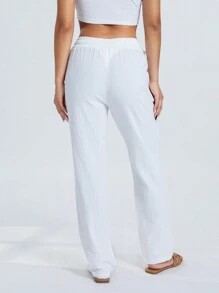Women's Loose Trousers Casual Solid Color Wide-Leg Trousers Drawstring Design Fashion Bottoms Long Pants - 白色 - 查看 9