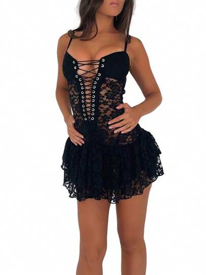 Beauace Womens Lace Mini Dress Sleeveless Spaghetti Strap Cross Tie-Up Front Ruffle Hem Bodycon Corset Dress Clubwear