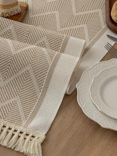 1pc Table Runner With Chocolate Wavy Pattern Embellished With Tassels For Home, Parties, Hotels And Restaurants Table Decoration, Waterproof Cloth