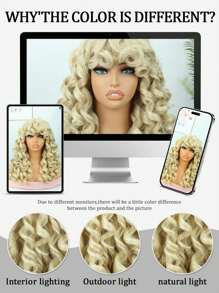 18 Inch Synthetic Fiber Curly Wig For Women, Fluffy Blonde Wig With Bangs, Natural Looking Cosplay Wig, Heat Resistant - Gold - View 7
