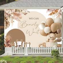 Encantador fondo para fiesta de ducha con oso y globo - Diseño de flores rosas y juncos, no requiere electricidad - Perfecto para cumpleaños y celebraciones - Multicolor - Ver 3