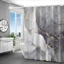 Marble Pattern Printed Bath Curtain Set, Toilet Seat Cover, U-Shape Mat, Bath Mat, Waterproof Bathtub Curtain, Bathroom Accessories With Hooks Home Bathroom Decor Fall Decor Back To School