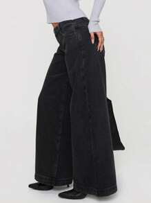 Womens Wide Leg Jeans Back Bow Print Low Rise Washed Denim Pants Casual Long Trousers - Black - View 4