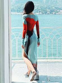 Womens Boydcon Long Dress Sheer Mesh Long Sleeve Boat Neck Floral Print Midi Dress Elegant Side Split Dress