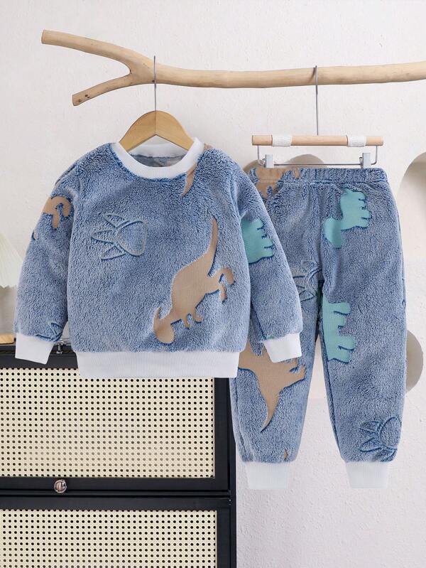 Chatreadl Conjunto de 2 peças para menino, fofo, casual, dinossauro, gola redonda, manga comprida luminosa, calças, roupas de pelúcia para casa, adequadas para outono e inverno
