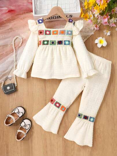 2pcs Young Girls Cute & Comfy Knit Bow Shoulder Ruffle Top And Flared Pants Set, Fashion