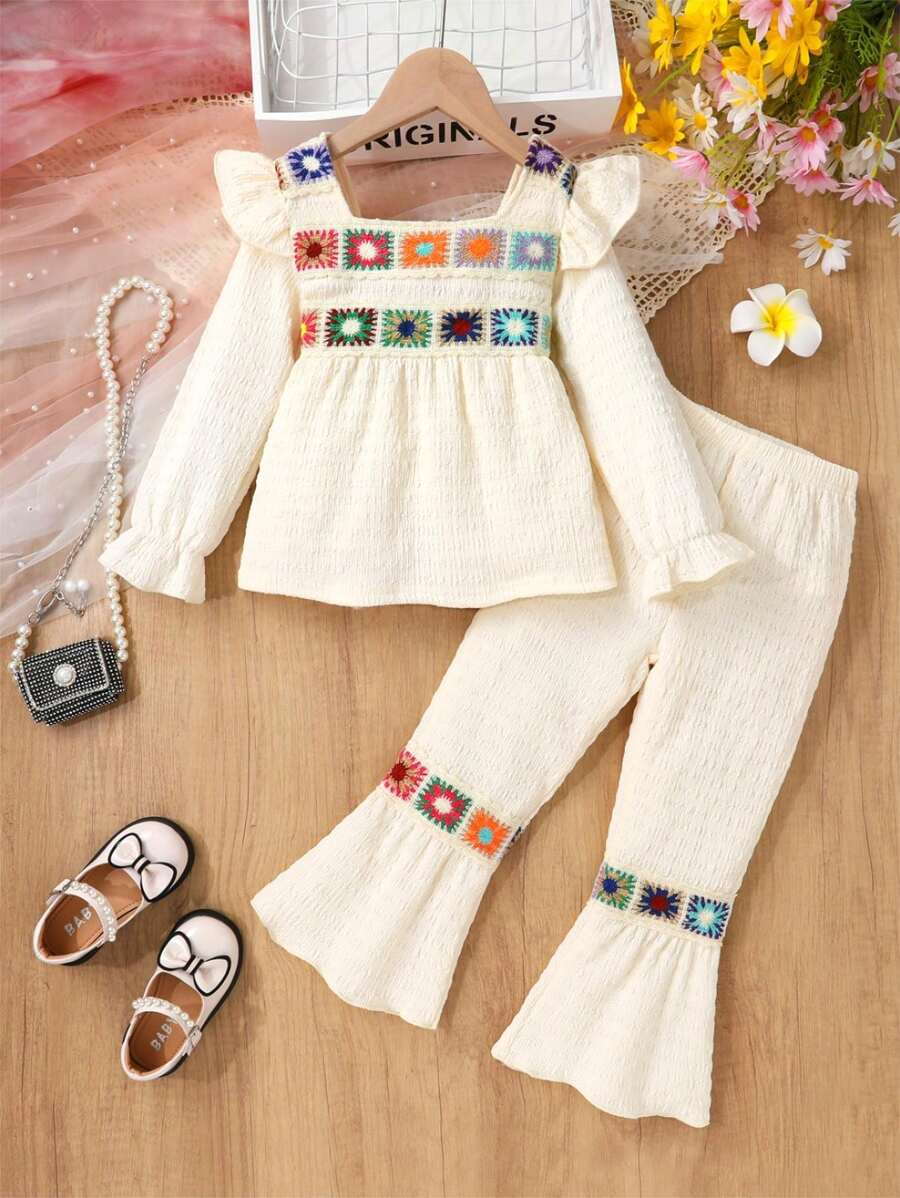 2 件装年轻女孩可爱舒适针织蝴蝶结肩部荷叶边上衣和喇叭裤套装，时尚 - 杏色 - 查看 1