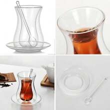 Set de 3 piezas de taza de té roja turca, taza de vidrio de 150ml con platillo y cuchara, taza de té roja transparente de doble capa, taza de té para uso doméstico - transparente - Ver 6